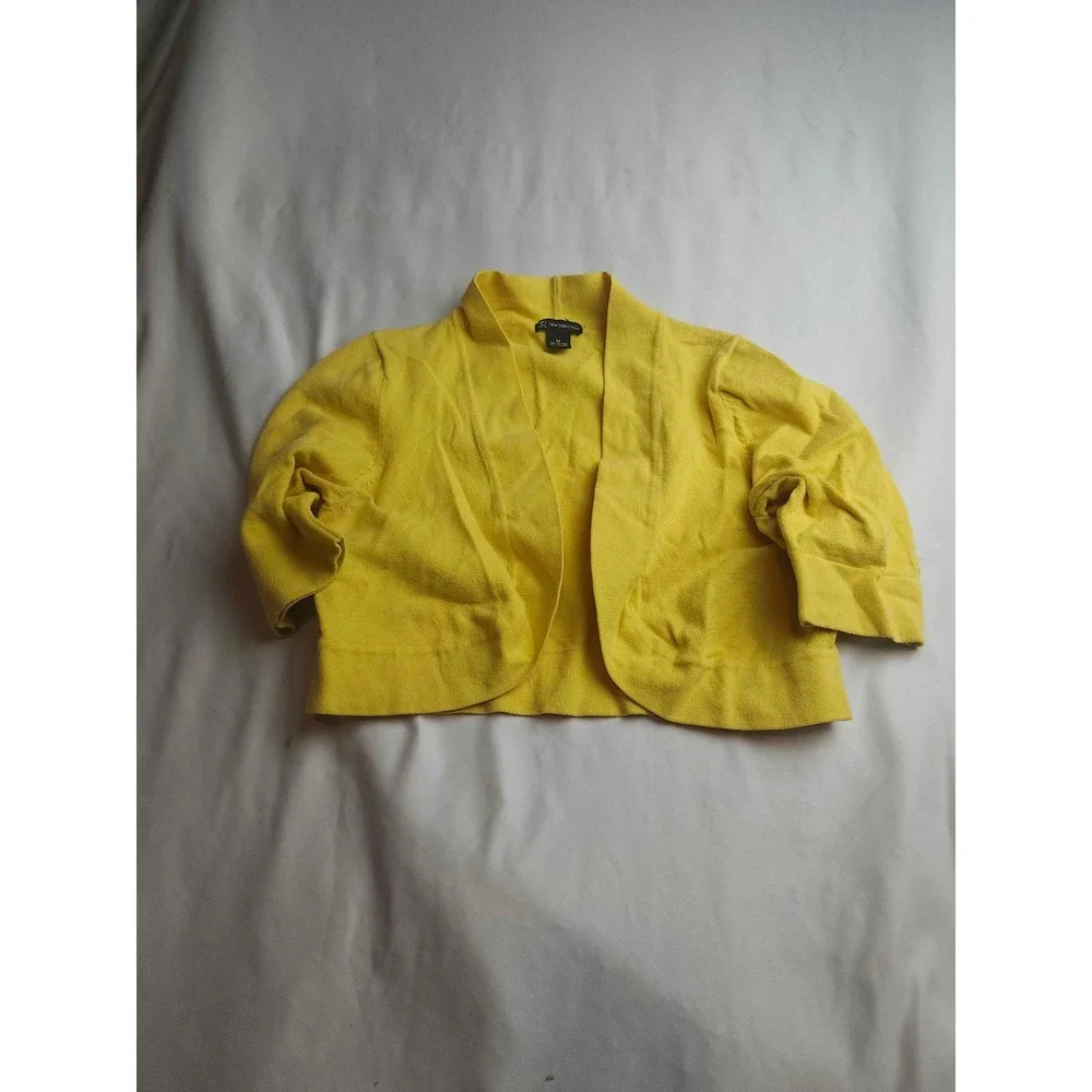 New Directions Yellow Cropped Cardigan Shrug Mock Neck Elbow Sleeve Womens M